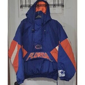 90s Florida Gators Jacket Coat M Puffer 1/4 Snap Orange Blue Hood Starter
